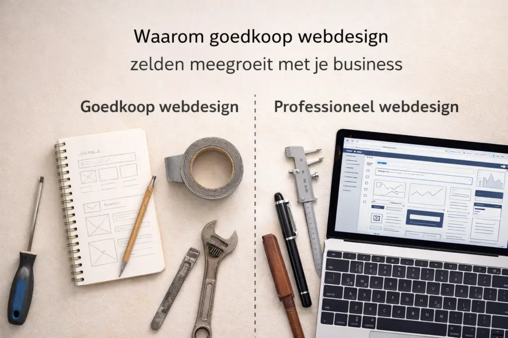 afbeelding met aan de linkerkant allerlei doe-het-zelf gereedschap en aan de rechterkant een professionele digitale toolkit. Deze afbeelding toont het verschil tussen goedkoop webdesign en betaalbaar webdesign
