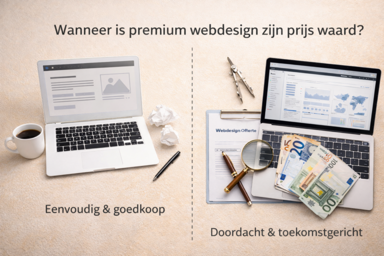 afbeelding die het verschil toont tussen eenvoud en goedkoop, tegenover doordacht en toekomstgericht, in het kader van premium webdesign