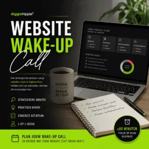 Productafbeelding voor de Website Wake-Up Call van Diggiehippie: strategische analyse van website, tools en digitale flow voor ondernemers die slimmer willen werken.