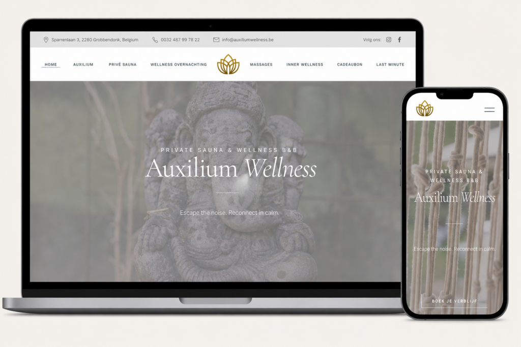 Mockup van de geoptimaliseerde WordPress-website voor Auxilium Wellness, een privéwellness in Grobbendonk.