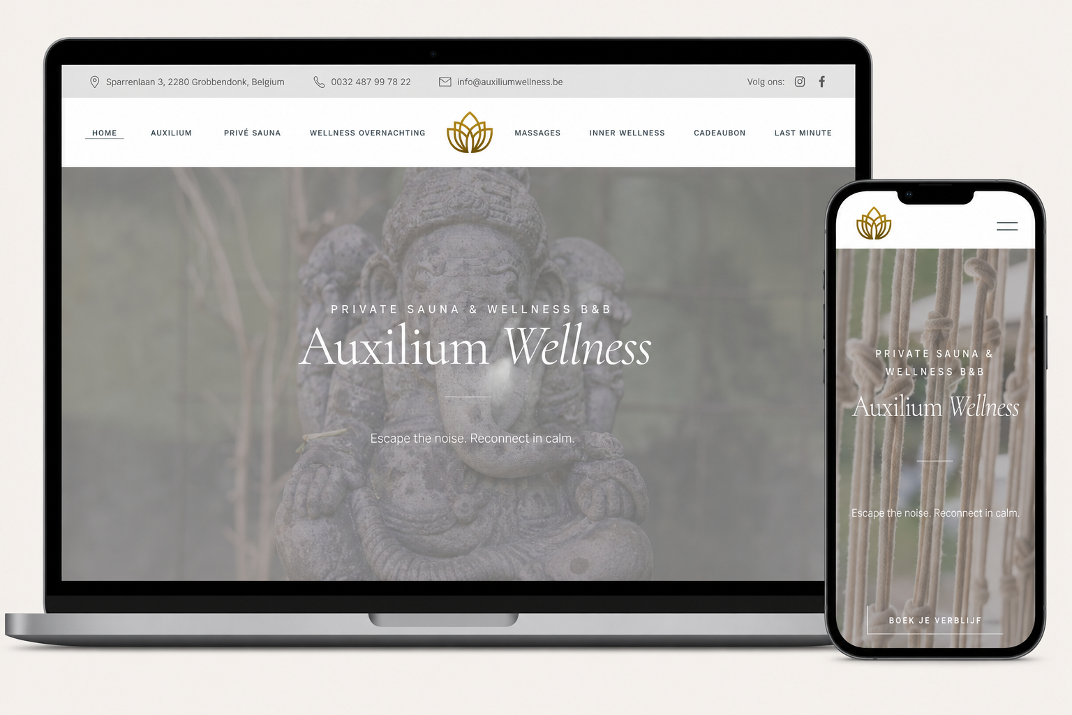 Mockup van de geoptimaliseerde WordPress-website voor Auxilium Wellness, een privéwellness in Grobbendonk.