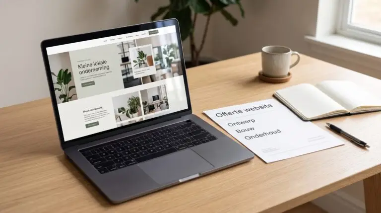 A laptop with a website design next to a quote, a notebook, and a pen