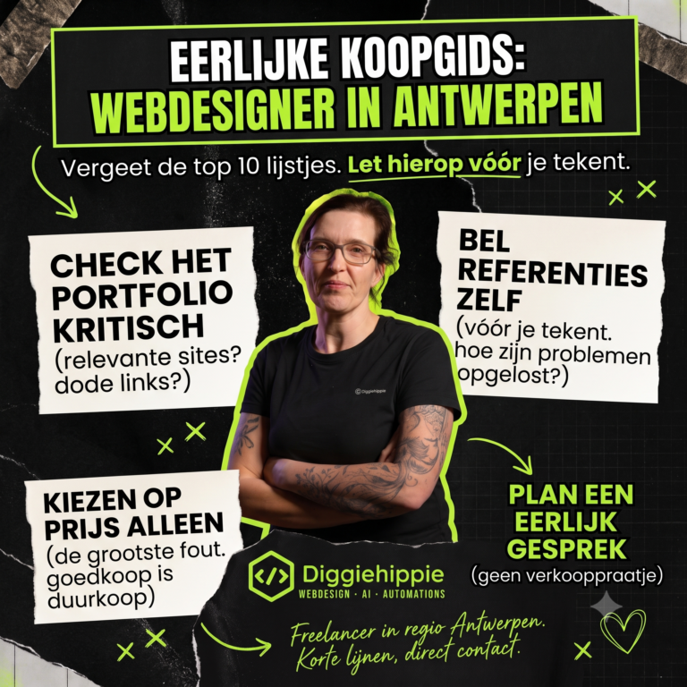 Infographic van Diggiehippie met tips uit een eerlijke koopgids voor het kiezen van een webdesigner in Antwerpen.
