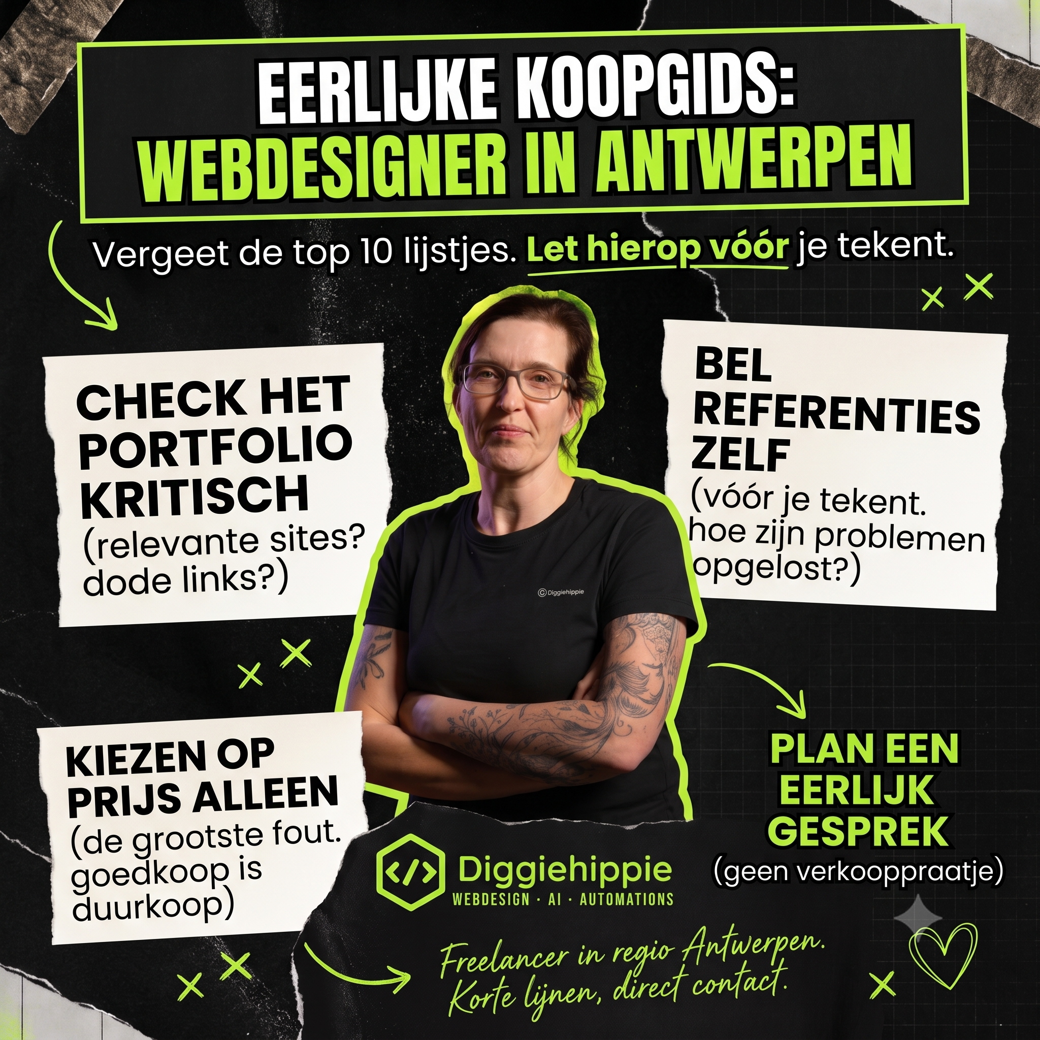 Infographic van Diggiehippie met tips uit een eerlijke koopgids voor het kiezen van een webdesigner in Antwerpen.