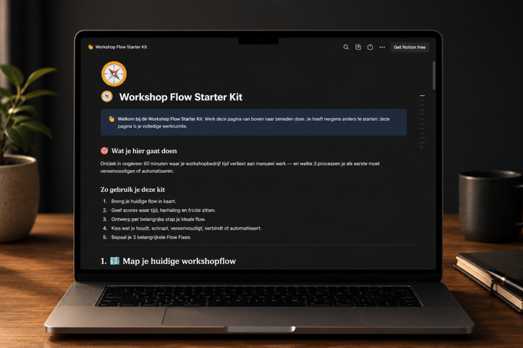 Workshop Flow Starter Kit in Notion on a laptop