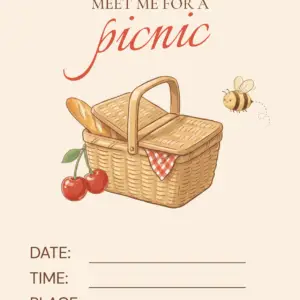 Picnic invitation with the text ‘Meet me for a picnic,’ featuring a wicker basket, a baguette, cherries, and a little bee, with space to fill in the date, time, and location.