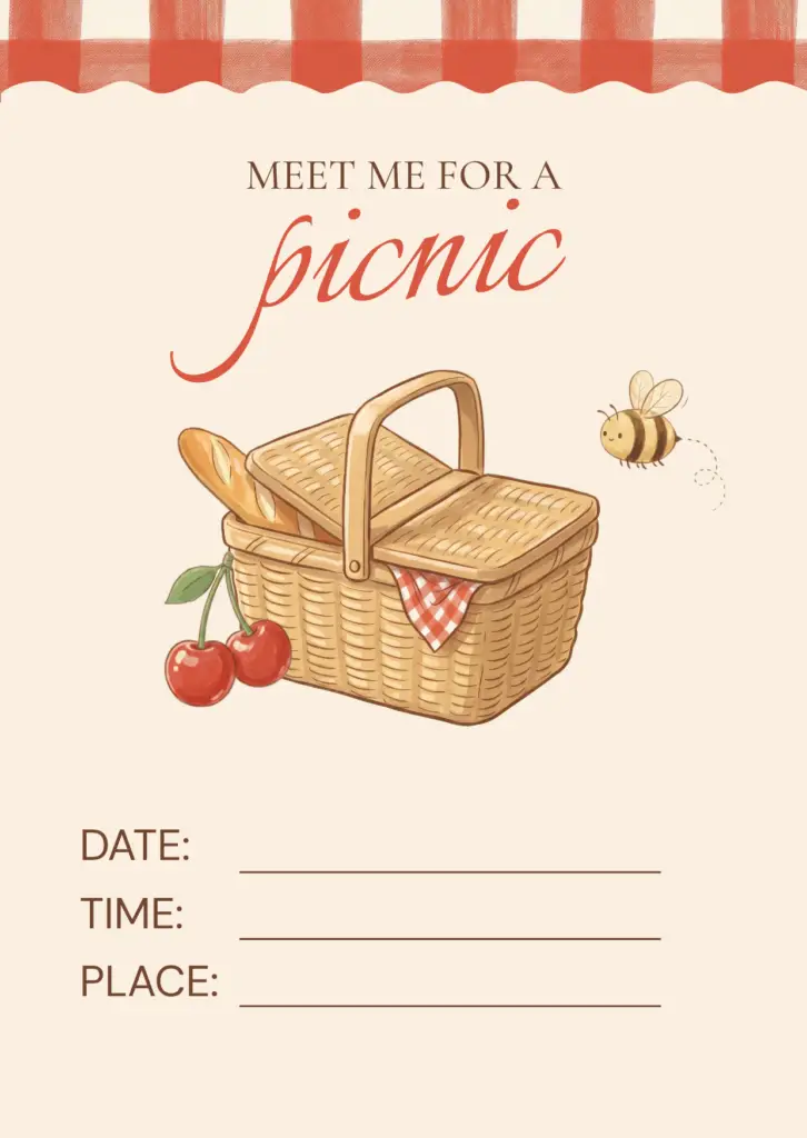Picnic invitation with the text ‘Meet me for a picnic,’ featuring a wicker basket, a baguette, cherries, and a little bee, with space to fill in the date, time, and location.