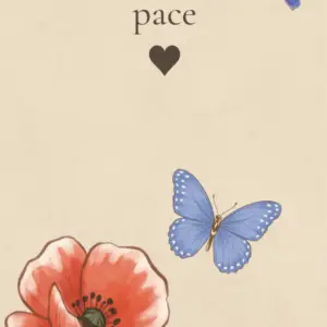 Bookmark featuring a red poppy, a blue butterfly, and scattered petals on a cream-colored background. The text reads: ‘grow at your own pace.’.