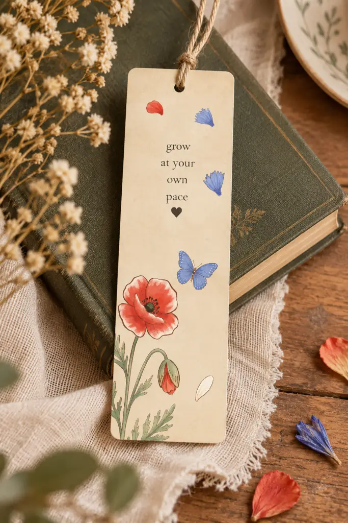 De boekenlegger ‘Grow at your own pace’ op een donkergroen boek, omringd door droogbloemen en losse bloemblaadjes.