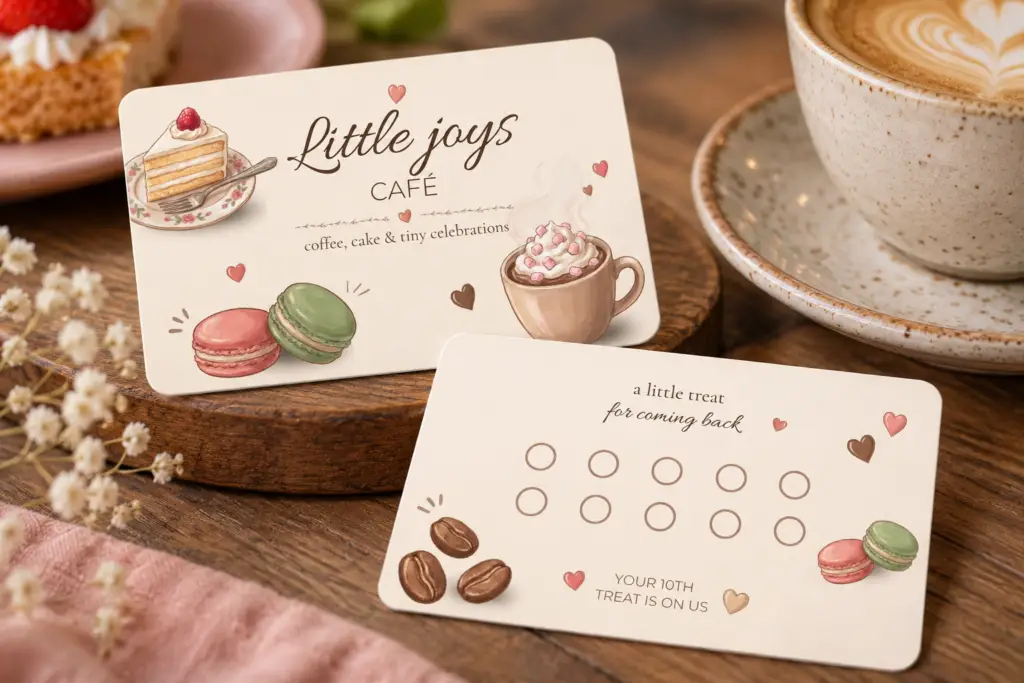 Mockup van de voor- en achterkant van de Little Joys Café-spaarkaart op een houten tafel, naast een kop koffie en gebak. De achterkant heeft tien stempelvakjes.