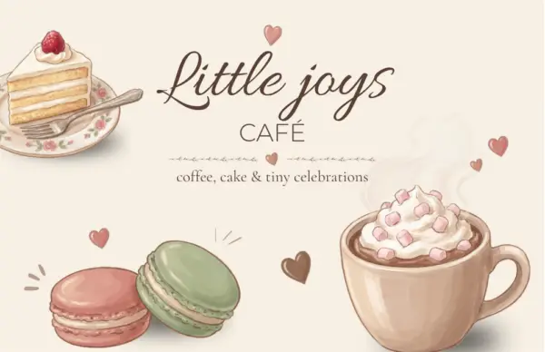 The front of a Little Joys Café loyalty card on a cream-colored background, featuring illustrations of cake, macarons, hot chocolate, and little hearts.