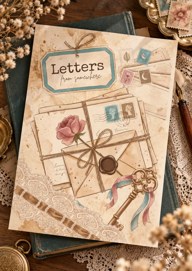 Mockup van de collage ‘Letters From Somewhere’ als afdruk op een oud groen boek, omringd door kant, droogbloemen en postzegels.