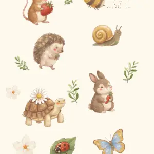 Design for a sticker sheet featuring a mouse, a bumblebee, a hedgehog, a snail, a turtle, a rabbit, a ladybug, and a butterfly, interspersed with flowers and green twigs.