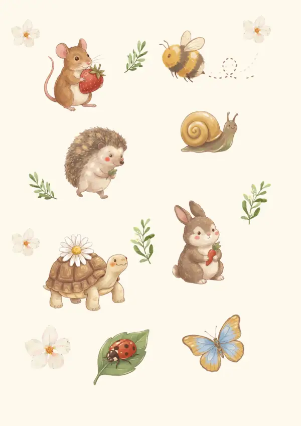 Design for a sticker sheet featuring a mouse, a bumblebee, a hedgehog, a snail, a turtle, a rabbit, a ladybug, and a butterfly, interspersed with flowers and green twigs.