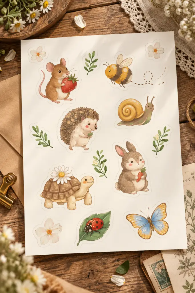Mockup van het stickervel ‘Tiny Garden Friends’ op een houten tafel, met bloemen, enveloppen en kant eromheen.