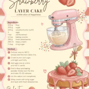 ‘Strawberry Layer Cake’ recipe card featuring ingredients and preparation steps in English, a pink food processor, a strawberry cake, and heart-shaped cookies within a wavy pink border.