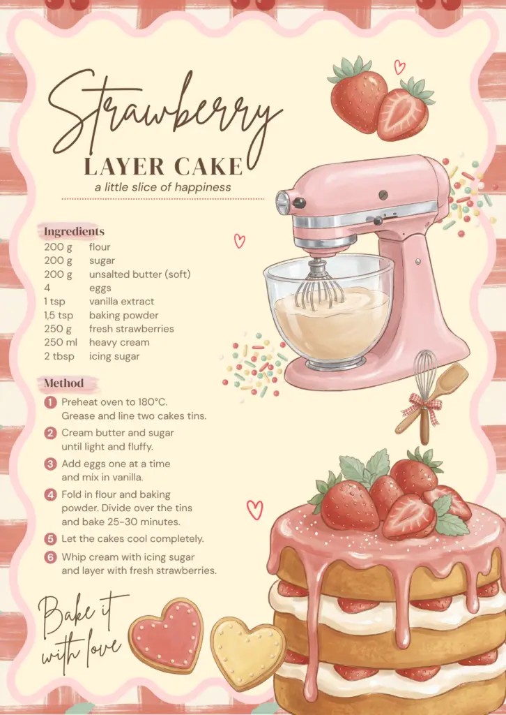 Receptkaart ‘Strawberry Layer Cake’ met Engelstalige ingrediënten en bereidingsstappen, een roze keukenrobot, aardbeientaart en hartvormige koekjes binnen een golvende roze rand.