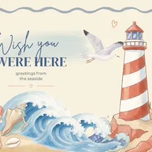 Design featuring the text ‘Wish you were here — greetings from the seaside,’ a red-and-white lighthouse, a flying seagull, blue waves, and seashells.