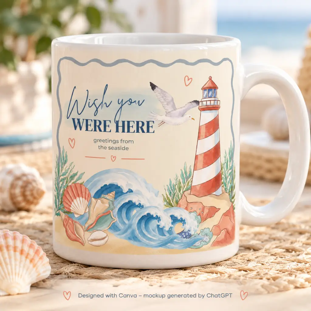 Mockup van een witte mok met het ontwerp ‘Wish You Were Here’, op een geweven ondergrond met schelpen en de zee op de achtergrond.