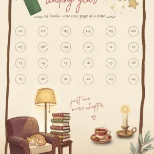 ‘My Cosy Reading Year’ reading poster featuring 24 numbered circles, a bookmark, stars, and a reading nook with a sleeping cat, books, a lamp, tea, and a candle.
