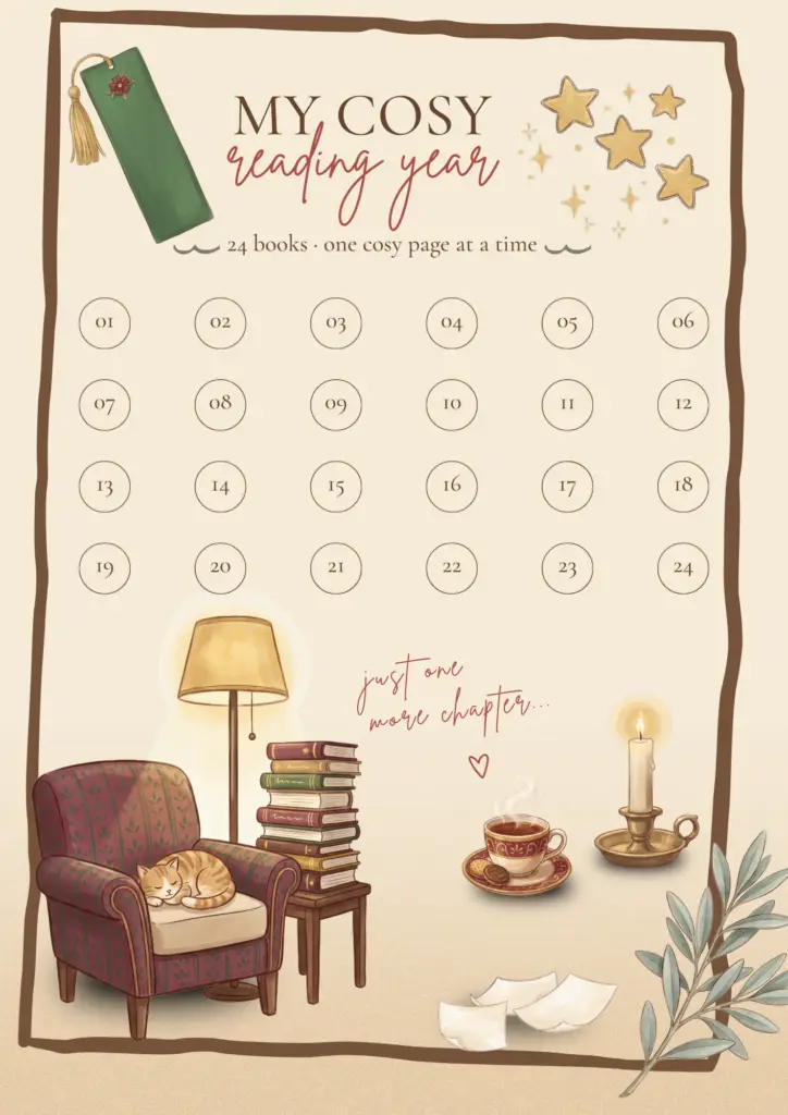 Leesposter ‘My Cosy Reading Year’ met 24 genummerde cirkels, een boekenlegger, sterren en een leeshoek met een slapende kat, boeken, een lamp, thee en een kaars.