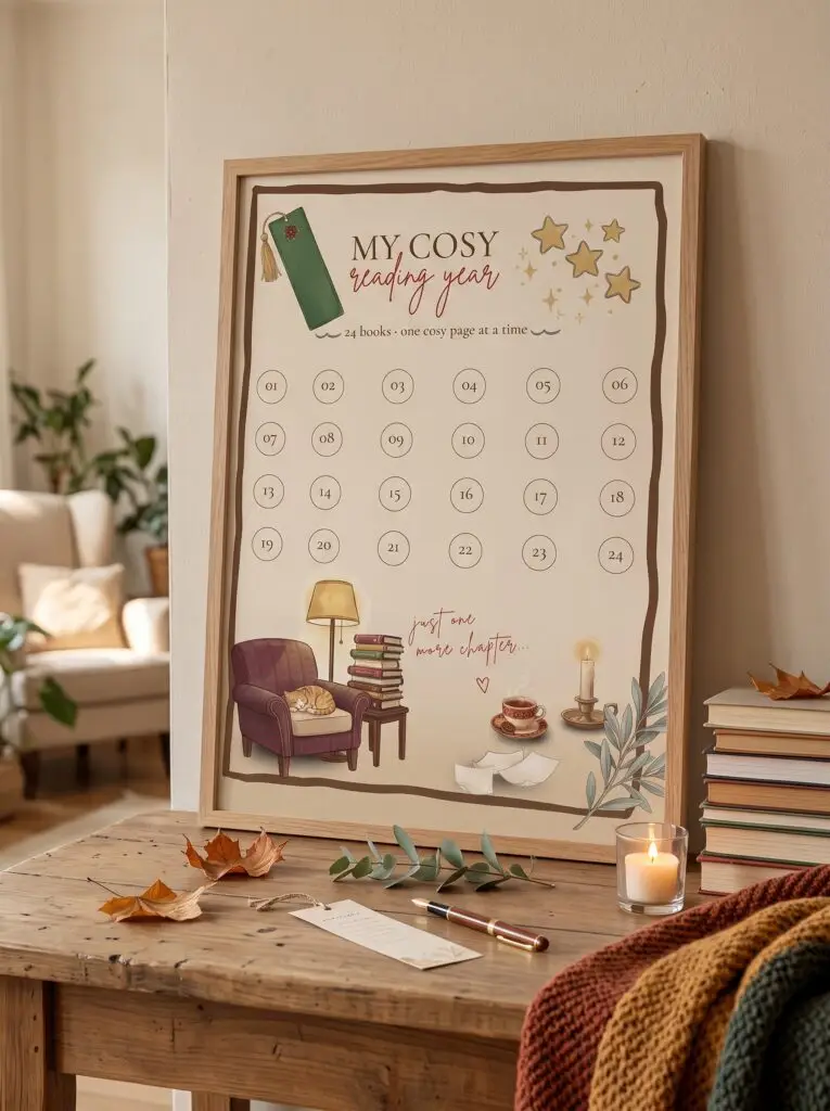 Mockup van de leesposter ‘My Cosy Reading Year’ in een houten lijst op een bureau, naast boeken, een brandende kaars en een pen.