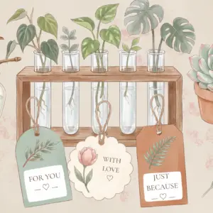 A botanical collage featuring plant cuttings in a wooden test tube holder, a plant sprayer, a succulent, and three gift tags that read ‘For you,’ ‘With love,’ and ‘Just because.’.