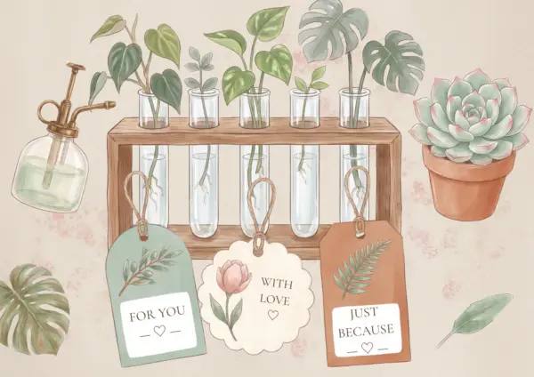 A botanical collage featuring plant cuttings in a wooden test tube holder, a plant sprayer, a succulent, and three gift tags that read ‘For you,’ ‘With love,’ and ‘Just because.’.