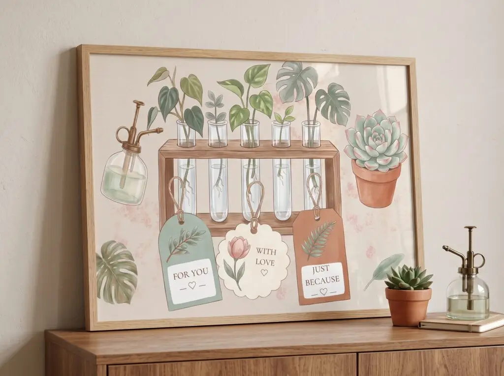 Mockup van de botanische collage ‘Botanical Notes’ in een houten lijst op een kast, naast een vetplant en een glazen plantenspuit.