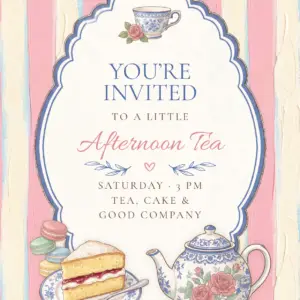 An invitation to afternoon tea on Saturday at 3:00 p.m., featuring pink and cream-colored stripes, an elegant blue border, a floral tea set, cake, and macarons.