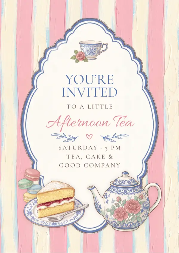 An invitation to afternoon tea on Saturday at 3:00 p.m., featuring pink and cream-colored stripes, an elegant blue border, a floral tea set, cake, and macarons.
