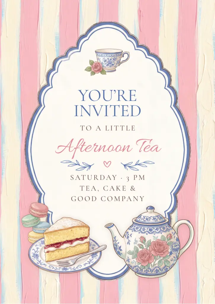 An invitation to afternoon tea on Saturday at 3:00 p.m., featuring pink and cream-colored stripes, an elegant blue border, a floral tea set, cake, and macarons.