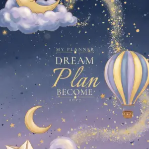 ‘Dream, Plan, Become 2027’ planner cover featuring a blue-purple background, golden moons and stars, a moon on a cloud, a hot air balloon, and a paper boat on a wave.