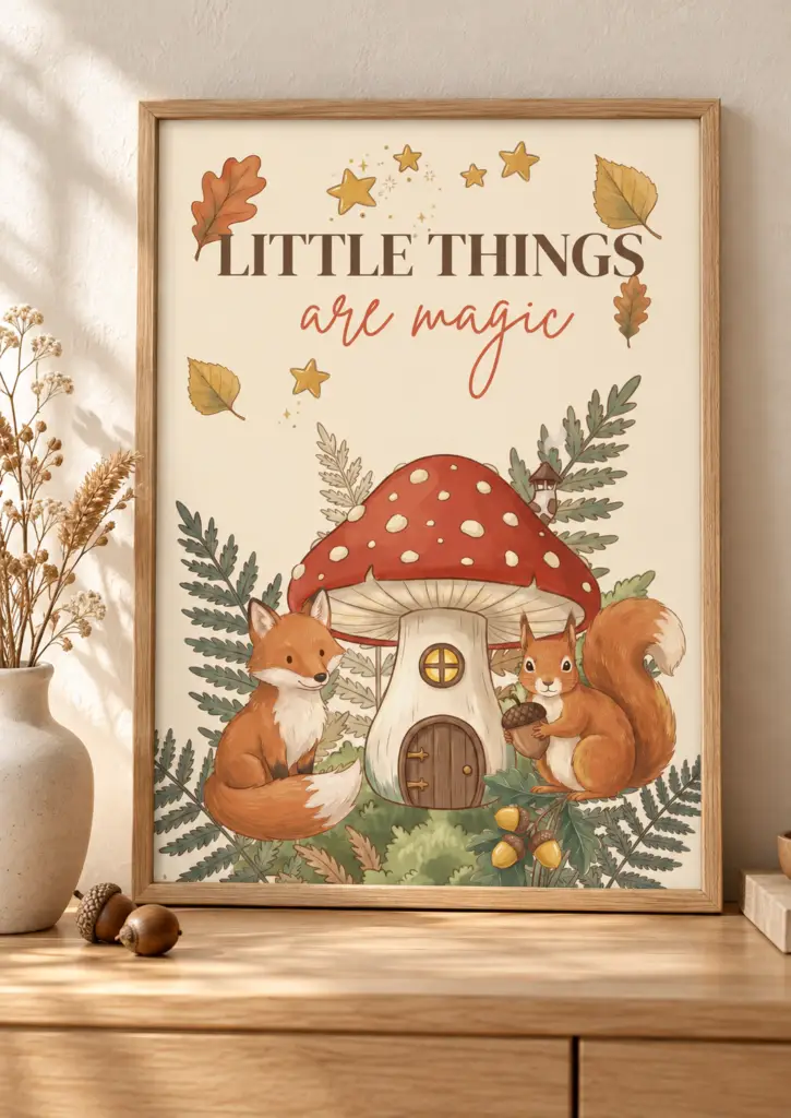 Mockup van de poster ‘Little Things Are Magic’ in een houten lijst op een kast, naast een vaas met droogbloemen en enkele eikels.