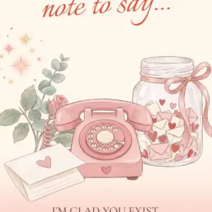 A card with the text ‘Just a little note to say… I’m glad you exist,’ a pink rotary-dial phone, a glass jar full of love notes, and flowers on a cream-pink background.