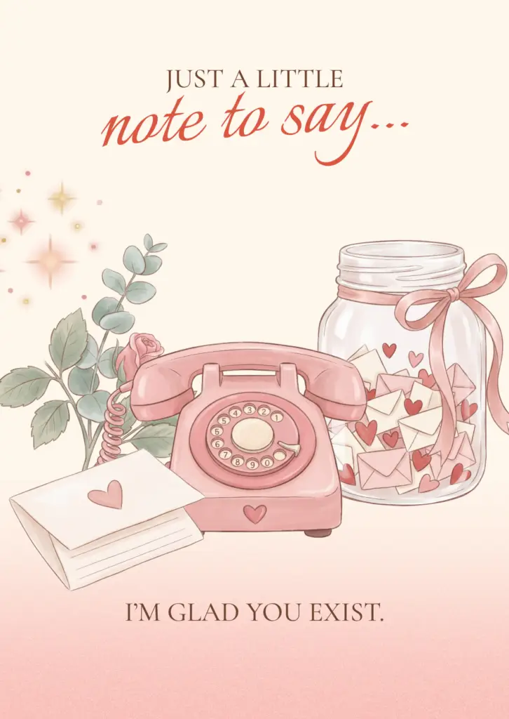 A card with the text ‘Just a little note to say… I’m glad you exist,’ a pink rotary-dial phone, a glass jar full of love notes, and flowers on a cream-pink background.