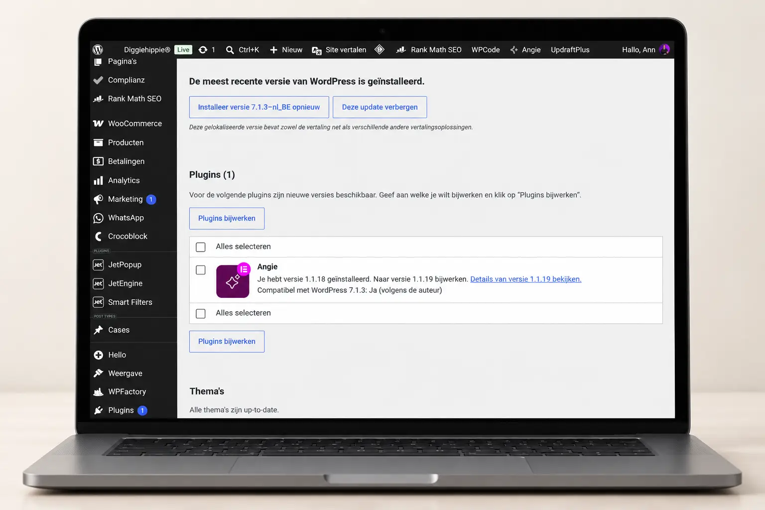 Laptop met WordPress-dashboard en een beschikbare plugin-update