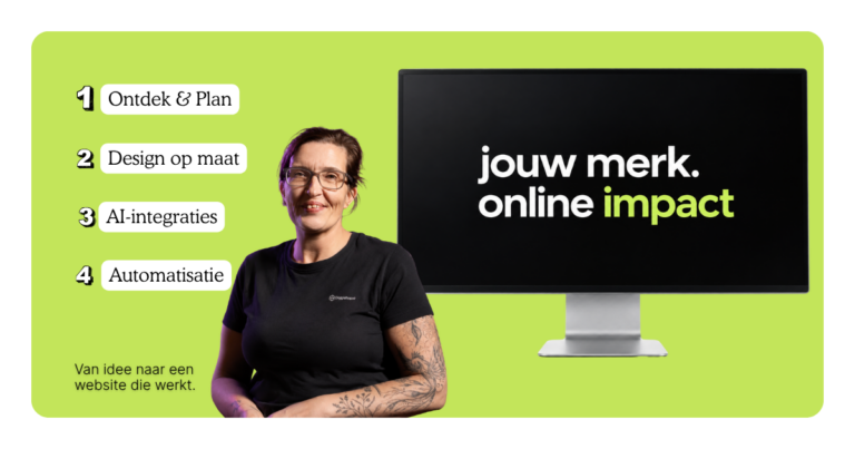 Computerscherm met de tekst ‘jouw merk. online impact’ in wit en limegroen op een zwarte achtergrond.