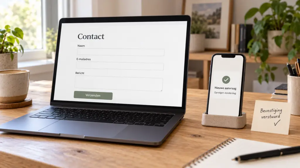 Laptop met een contactformulier naast een smartphone met een herinnering om een nieuwe aanvraag op te volgen.