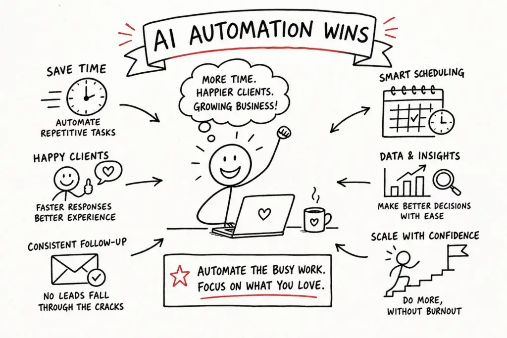 Illustratie over AI automation voor kleine ondernemers, met voordelen zoals tijd besparen, leads opvolgen, sneller reageren en repetitieve taken automatiseren.